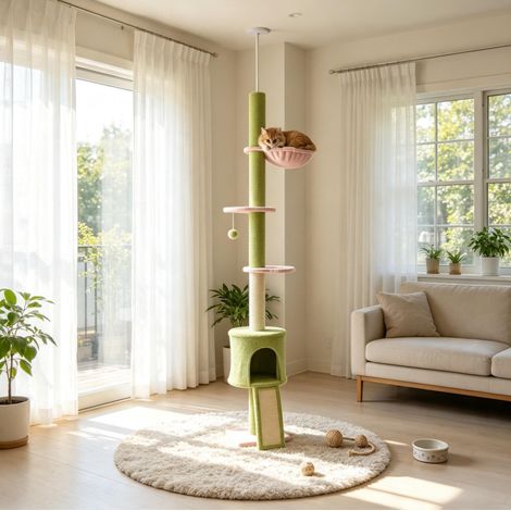 Albero per gatti 5 livelli, altezza regolabile 220-240 cm, piattaforme a fiore, verde HAVRYA (1/5)