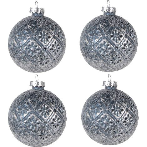 Lot de 4 boules de Noël en verre bleu et argenté décoration de sapin style vintage 8 cm - PANGIVO (1/2)