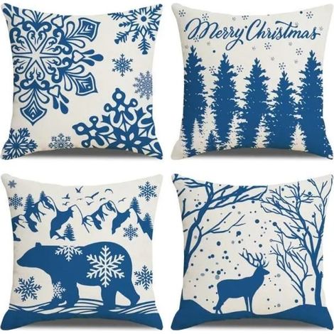 Housse de coussin - Noël - 45x45cm - Lin - Blanc/Bleu - Décoration intérieure (1/4)