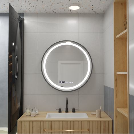Miroir LED Rond 80 Noir Desembuage Horloge Thermometre Gradable (1/5)