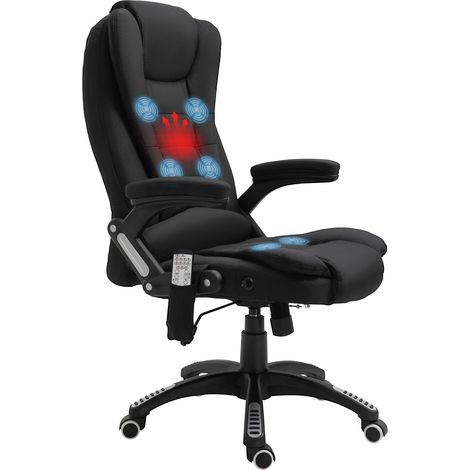 Vinsetto Fauteuil de bureau massant et chauffant, chaise de bureau, chaise ergonomique avec hauteur réglable, dossier inclinable et télécommande filaire, pivotant à 360° tissu en polyester noir