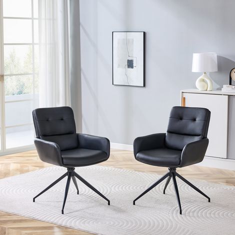 Sedia da pranzo in PU nero con gambe in metallo nero, girevole 360°, set 2 pezzi,55×50×85cm (1/5)