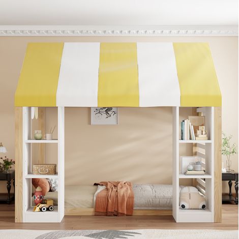 Lit 90x200 cm blanc et naturel – avec baldaquin et rangement ouvert sans matelas (1/5)