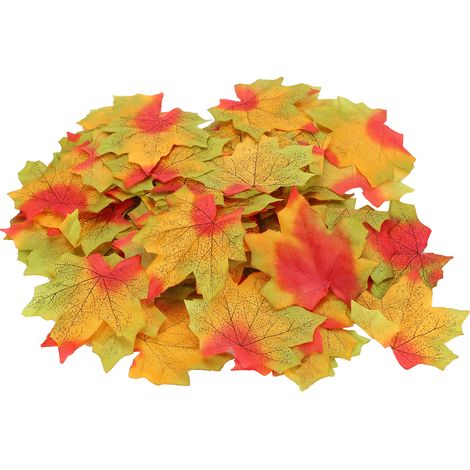 100 feuilles d'érable artificielles par sachet pour la décoration de table lors de fêtes d'automne, mariages et autres réceptions (rouge et vert). (1/5)