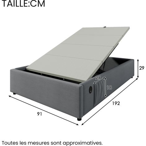 Letto Contenitore Letto Singolo 90×190 cm con USB e Type-C, senza Materasso, in Cotone e Lino, Grigio (1/4)
