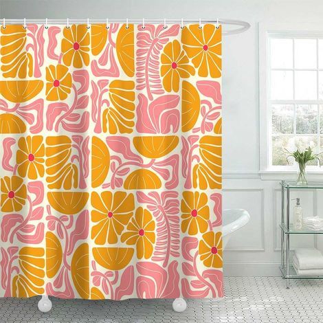 Rideau de Douche bohème Abstrait coloré Floral Vintage rétro Patchwork Matisse Orange Rose Fleur botanique géométrique esthétique Groovy décoration de Salle de Bain Rideau de Douche avec 12 (1/5)