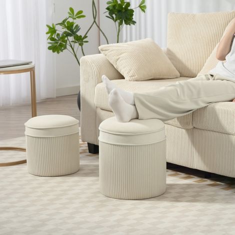 Taburete Puff de Almacenamiento 2 Piezas, Asiento Apilable con Espacio Oculto, Poliéster Blanco Crema (1/5)