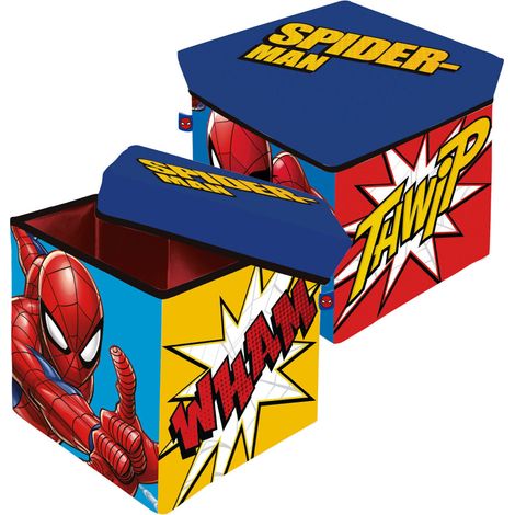 Tabouret de rangement cube Spiderman 30x30x30 cm – Composition carton, MDF et tissu polyester – Pour chambre enfant, décor super-héros – Arditex