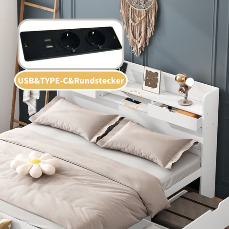 Lit double 140x190cm avec port USB, tiroirs et placard de rangement, lit enfant et ado multifonctionnel, grand espace de stockage, sans matelas, blanc (1/5)