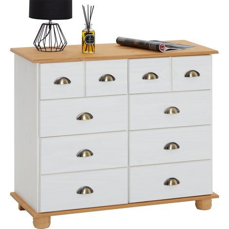 Idimex – Commode enfant 8 tiroirs en pin massif – Dimensions 80 x 92 x 39 cm – Blanc et brun – Poignées en métal bronze