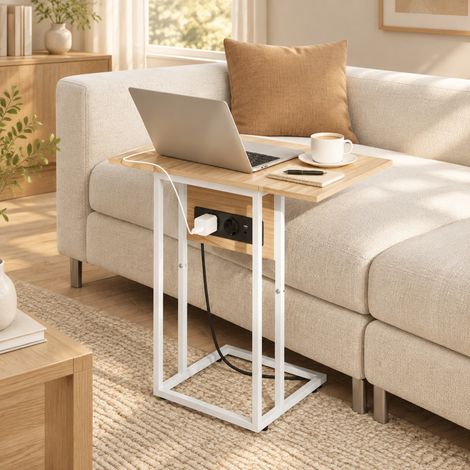 Faltbarer Beistelltisch mit Ladestation, USB, Metall und Holz 39 x 29 x 57 cm OKMYHOME (1/5)
