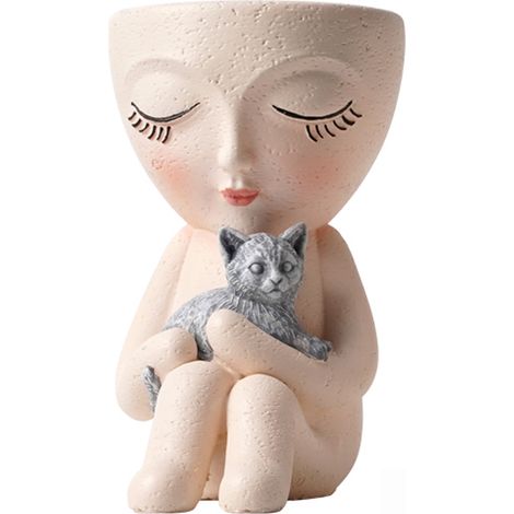 Vase décoratif en résine figurine fille assise chien chat pot fleurs succulentes créatif extérieur jardin blanc (1/3)