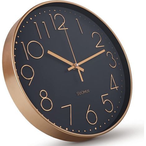 Horloge Murale Créative Silencieuse 30cm - Design Numérique Simple en 3D avec Large Cadre Doré sur Fond Noir