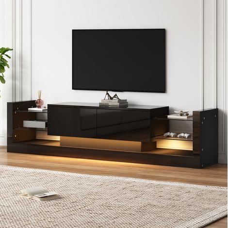 MEUBLIV Mueble TV 181 cm negro con frontal brillante, LED y almacenaje para 80 pulgadas (1/5)