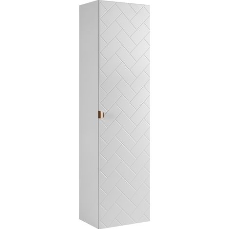 Furnidea - Meuble colonne suspendu de salle de bain MADIS BLANC 35 X 136 cm G - façades motif chevron, design moderne (1/5)