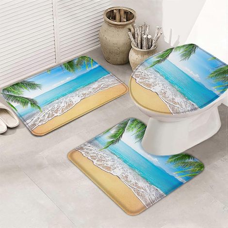 Ensemble de 3 tapis de bain motif plage ciel bleu mer sable doré palmiers verts tapis de toilette antidérapant résistant en U