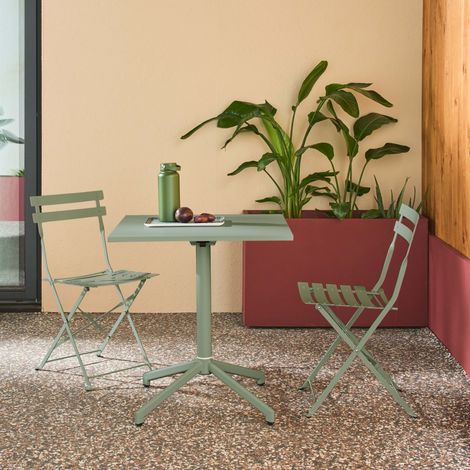 Table de jardin bistrot carrée pliante acier 70cm + 2 places vert de gris - Chiara/Emilia (1/5)