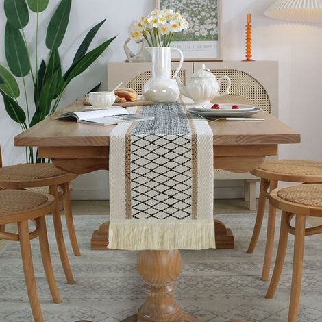 Runner da tavola in lino, cotone e lino, in stile boho, morbido runner da tavola da cucina con nappe, lavabile, per matrimoni, feste, decorazioni per la casa (1/4)
