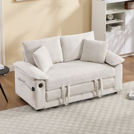 Canapé-lit convertible 135x66x80 cm en tissu blanc avec poches latérales, gain de place – MEUBLIV (1/5)