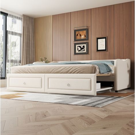 Bett 90x200 mit Stauraum ausziehbar Leinen Beige HAVRYA (1/5)