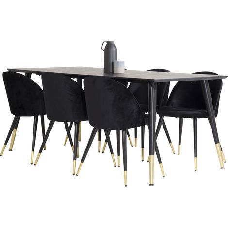 Dipp180x90BLBR Essgruppe Esstisch schwarz und 6 Velvet Esszimmerstühle Velour schwarz, Messing dekor.