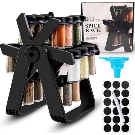 Étagère à épices rotative avec 18 bocaux en verre, étiquettes et entonnoir - Roue de Noël rotative à 360°, organisateur d'herbes et d'épices - Coffret cadeau (1/5)
