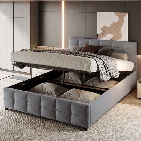Lit coffre rembourré 180 x 200 cm velours gris, sommier à lattes, mécanisme hydraulique - sans matelas (1/5)