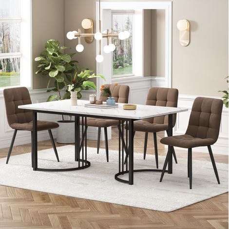 Set tavolo e sedie 140 x 80 cm con 4 sedie in velluto, bianco e marrone DESVIAE (1/5)