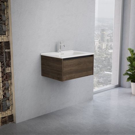 Inda - Badezimmerschrank 1 Schublade B.60 mit glänzendem Waschbecken / Braune Eiche - Smeraldo (1/5)