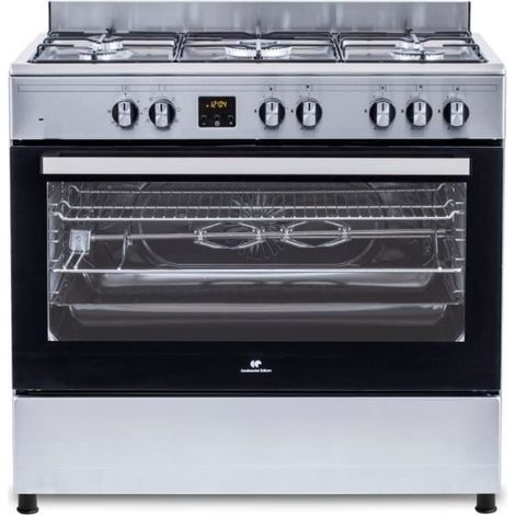 Continental Edison – Cuisinière piano 5 foyers gaz – Four catalyse 95L – Affichage digital – Dimensions L90 x H85 cm – Inox moderne