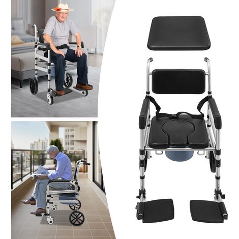 Chaise de douche pliante en alliage d'aluminium, avec roulettes, réglable en hauteur 100-117cm, Load-bearing Capacity: 150kg, fauteuil roulant de douche avec Commode pour personnes âgées