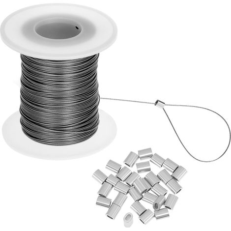 ® Câble en acier 100 m, fil de suspension pour images 0,5 mm, fil suspension cadre photo en acier inoxydable 304 avec 30 manchons à sertir en aluminium, pour cadres photo et miroirs (1/5)