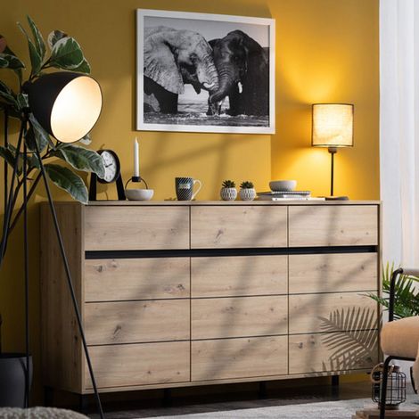 Giarre Sideboard, Anrichte mit 3 Schubladen, 3 Einlegeböden, Dreh- und Schiebetür, 157x40x90h cm, Eiche Braun (1/5)