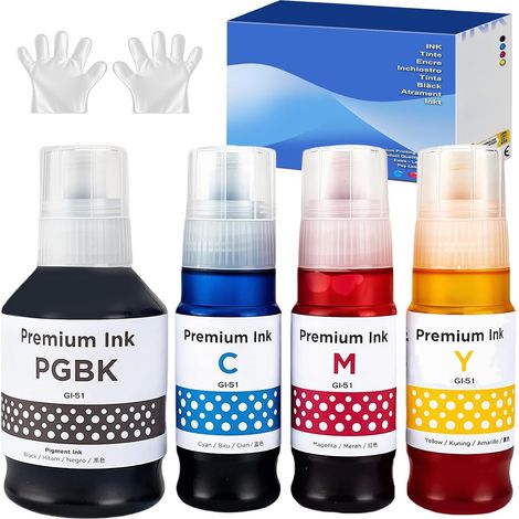 Encre Compatible pour Canon GI51 Bouteilles d'encre pour PIXMA G5050 G6050 G7050 GM2050 GM4050 G2570 G1520 G1560 G2520 G2560 G3520 G3560 G1530 G3570 G4570(4-Pack BK/C/M/Y) (1/5)