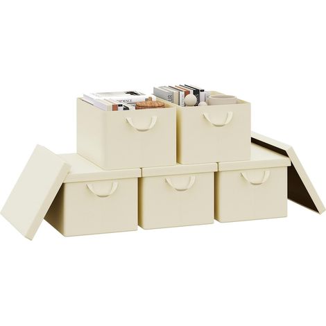 Boîte de Rangement Pliable, Lot de 5 Paniers de Rangement en Tissu Non-Tissé, avec Poignées et Couvercle, pour Vêtements et Jouets, Crème, 43x33x26cm (1/5)