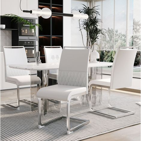 Chaise de salle à manger moderne en métal blanc, dossier PU et lin, assise 42 x 45 cm (1/5)