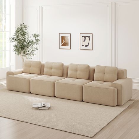 Modulares 4-Sitzer-Sofa aus Cord, 32D-Elastik, rahmenlos, ergonomisch, extra tiefe Sitze, 382 x 104 x 69 cm, beige