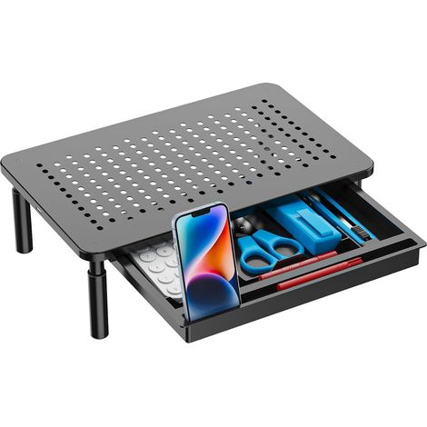 JSSEVN-Support Moniteur avec Tiroir, 3 Hauteurs Réglables pour Moniteur PC, Rehausseur Ecran pour Bureau Imprimante jusqu'à 20 kg (1/5)