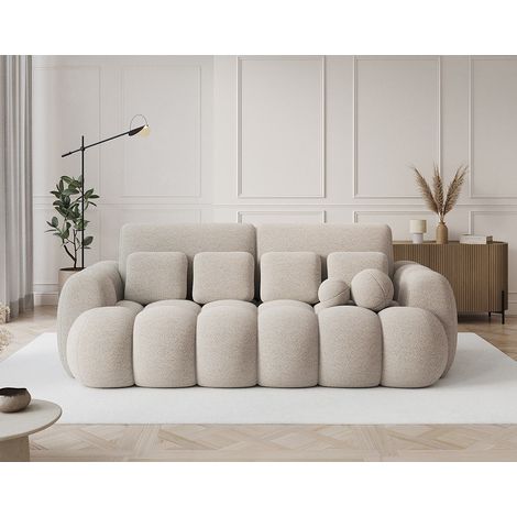 Bestmobilier – Canapé convertible 3 places avec coffre – Tissu bouclette beige – Dossier rabattable – Dimensions couchage 142x190cm