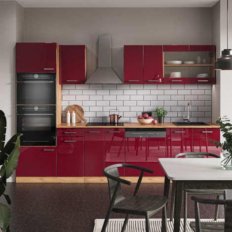 Mueble de cocina R-Line, Burdeos brillo intenso/roble dorado, 300 cm con armario alto, sin encimera, Vicco