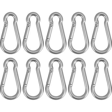 QWORK® Pack de 10 mosquetones M6 de acero inoxidable 304 - 60 x 30 mm - Carga máxima 135 kg - para camping, llaveros, botellas de agua (1/5)
