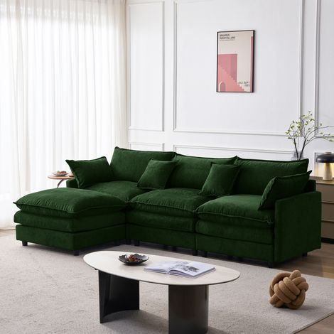 Canapé d’angle 3 places chenilla verde modular con hocker, fundas desenfundables (1/5)