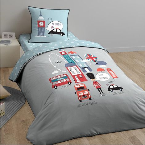 COTE DECO KIDS Parure de lit enfant British Morning - 100% coton - housse de couette 140x200 cm + 1 taie d'oreiller 63x63 cm (1/2)