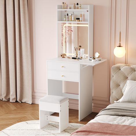 Coiffeuse avec LED, 2 tiroirs et 2 niches ouvertes, 75x45x156 cm, blanc (1/5)