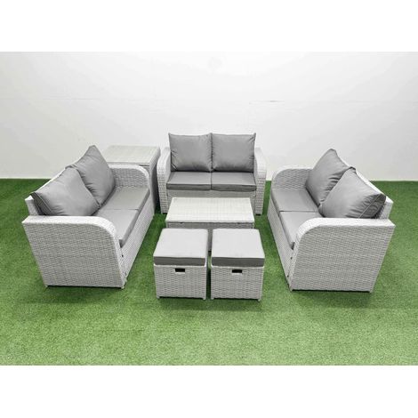 Fimous 7 Seater PE Wicker Rattan Furniture Sofa Sets with Rectangular Coffee Table 2 Seater Love Sofa Big Footstool 2 Side Table Light Grey (1/4)