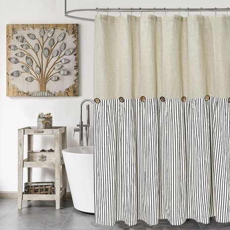 Farmhaus Rideau de douche, avec rayures noires, lin et coton, boutons décoratifs, plissé, 180 x 180 cm (1/5)