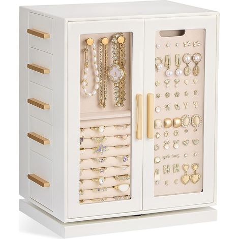 Boîte à Bijoux Rotative 360°, 5 Tiroirs avec Couvercle Transparent, Grande Capacité, Coffret à Bijoux pour Colliers, Bagues, Boucles d’Oreilles et Bracelets -Blanc (1/5)