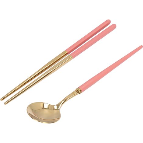 Edelstahl-Besteckset, wiederverwendbares Besteckset, Aufbewahrungsbox für Studentenbesteck, Reisebesteck, Gabel, Löffel, Essstäbchen, Rosa-Gold (1/5)