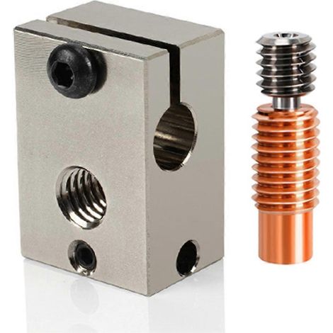 Bloc chauffant PT100 V6 en aluminium, laiton et cuivre plaqués. Brise-chaleur bimétallique PT100 V6 à gorge en cuivre plaqué. (1/5)