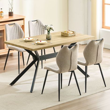 Ensemble table à manger - WAFTING - 140x80x73 cm - 4 chaises kaki - Structure métal & bois clair - Tissu beige (1/5)